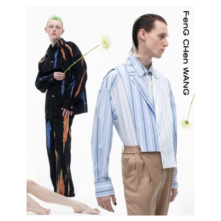 Two male models posing against a white background with a flower and text reading Feng Chen Wang