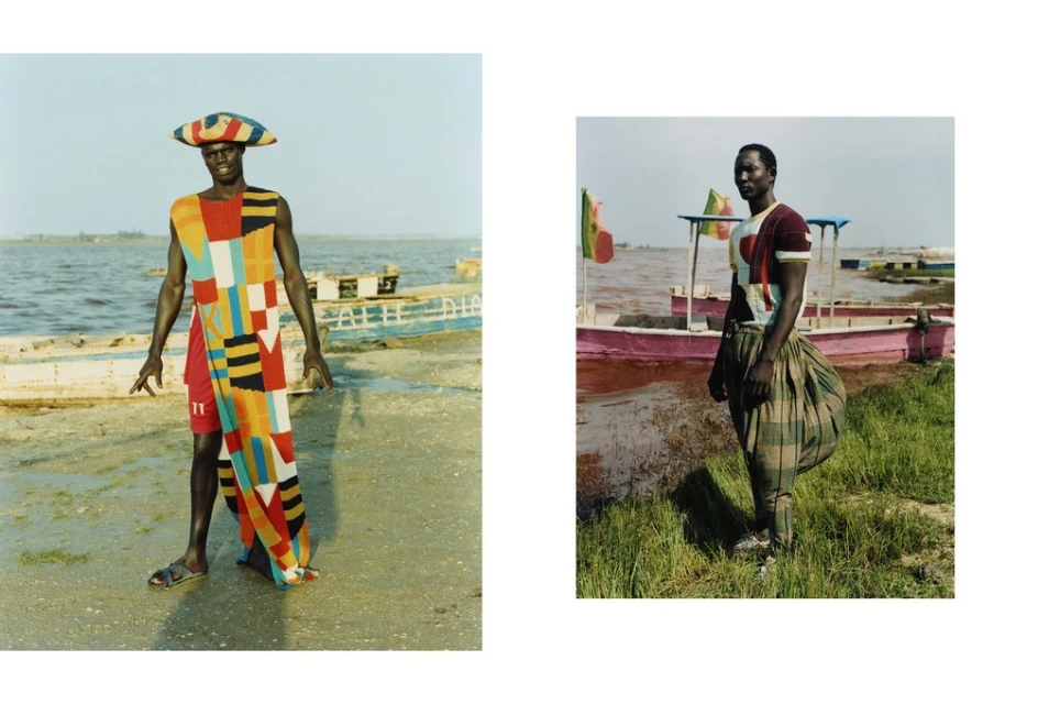 Two photos of African men on location. One wears a colorful hat and dress, the other a green plaid skirt with ocean background.