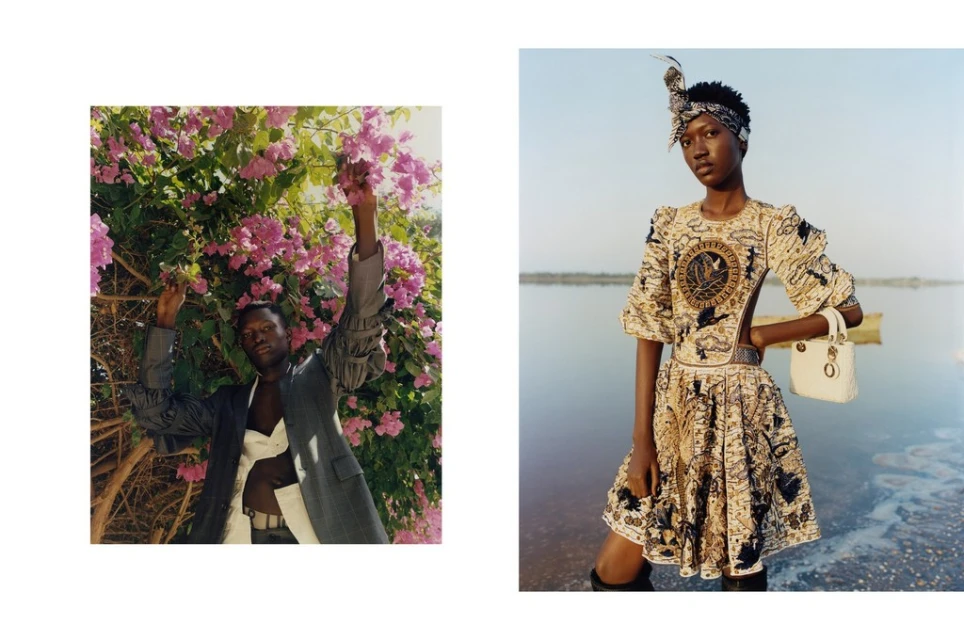 Fashion editorial featuring an African woman in a patterned dress near water and an African man in a suit near pink flowers.