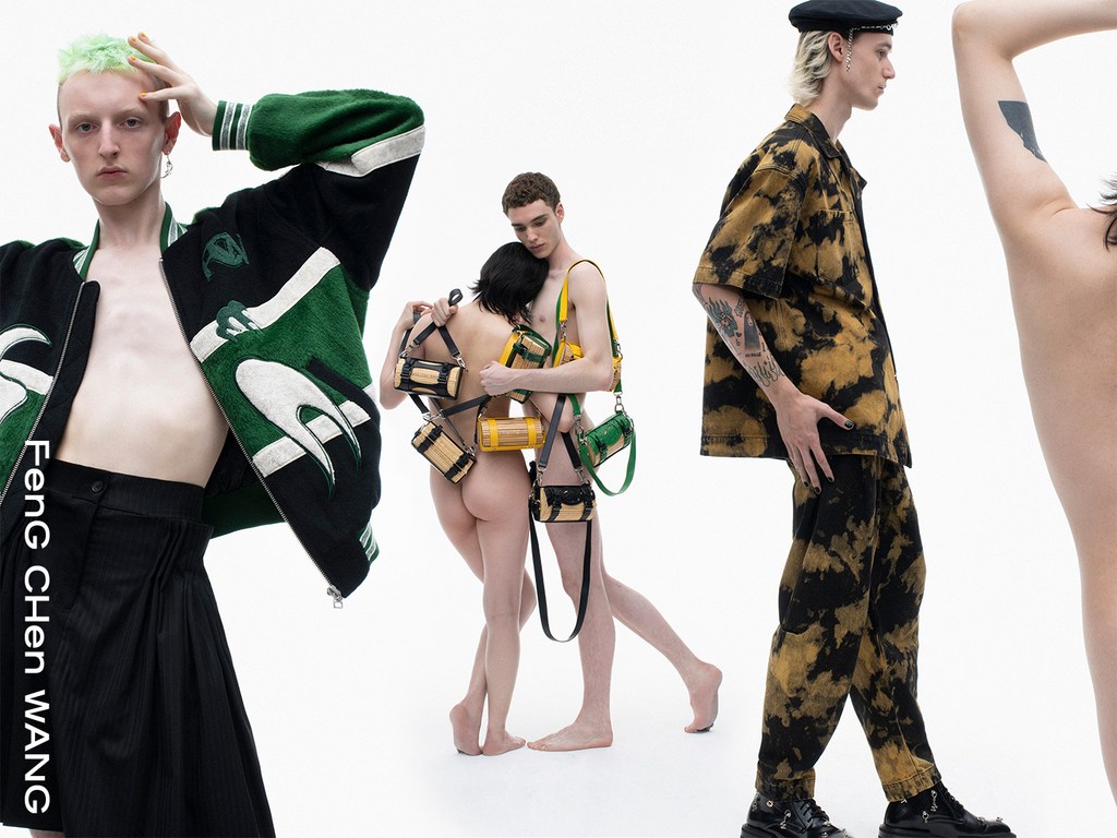 Three models showcase fashion designs in a studio setting with clean, white backdrop, highlighting the textures and unique styles.