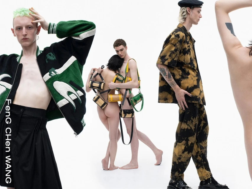 Three models showcase fashion designs in a studio setting with clean, white backdrop, highlighting the textures and unique styles.