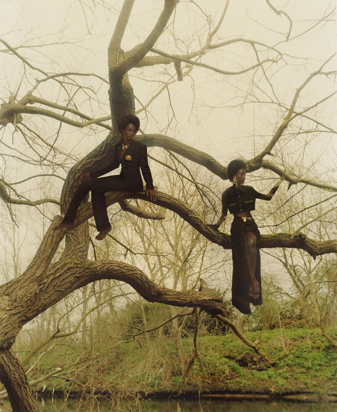 Two black women in dark outfits perched on the gnarled branches of a large tree over water, photographed by Markn.