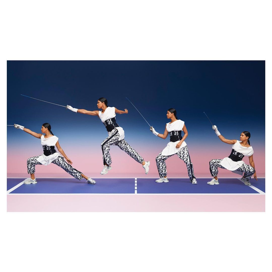 Multiple exposures of a woman in motion fencing, wearing patterned pants, a white top, and gloves, set against a gradient background.