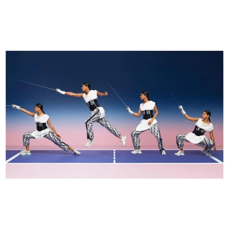 Multiple exposures of a woman in motion fencing, wearing patterned pants, a white top, and gloves, set against a gradient background.
