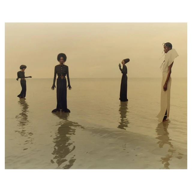 Four women stand in shallow water, wearing long gowns. The background features a calm, pale horizon with muted, earthy tones and subtle reflections.