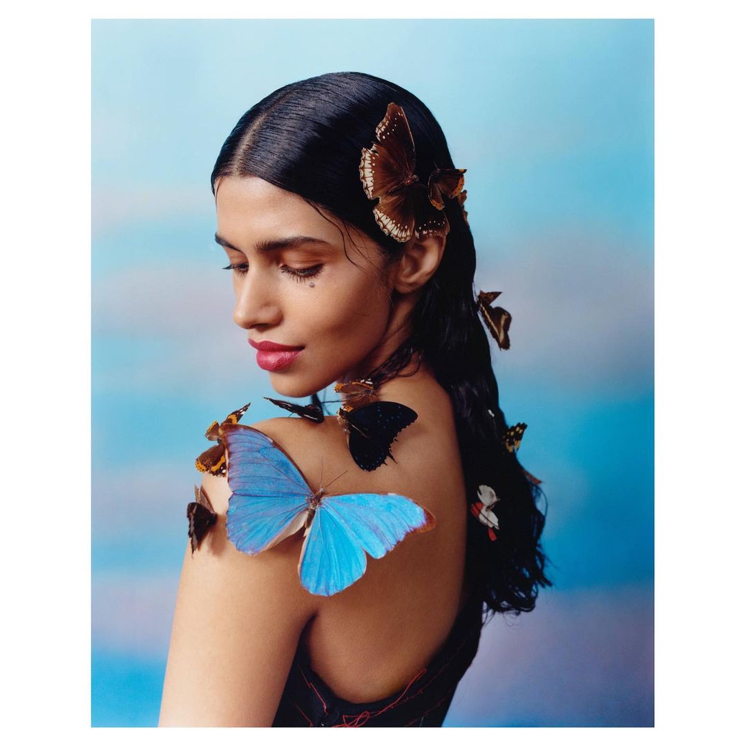 Profile portrait of a woman with dark hair adorned with butterflies, posing against a soft gradient blue and white background.