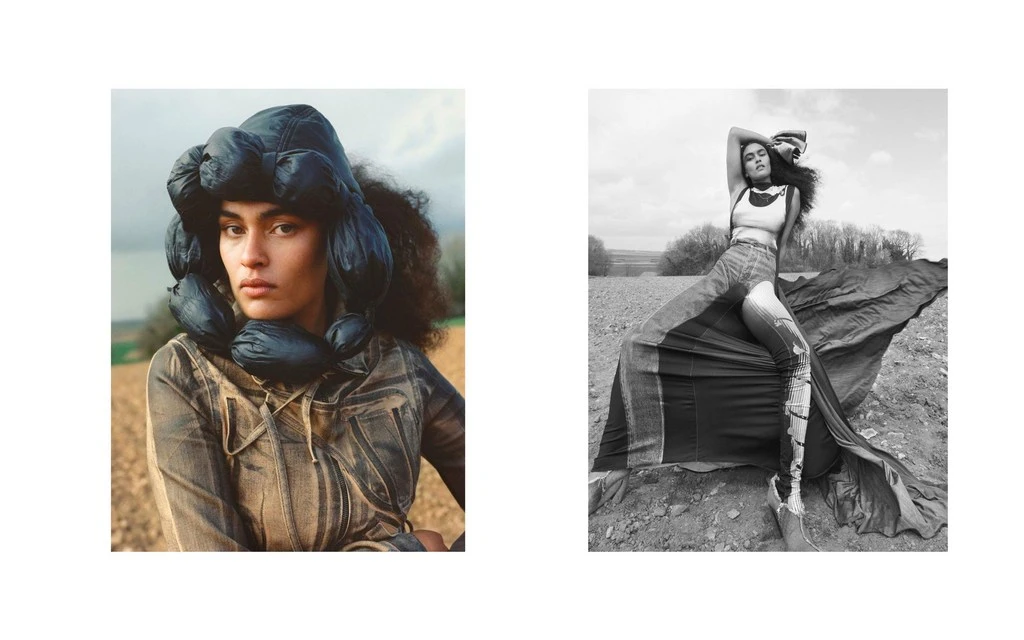 Fashion editorial shot of a woman with an elaborate head covering and jacket posing in a field; a second shot shows her posing in a skirt.