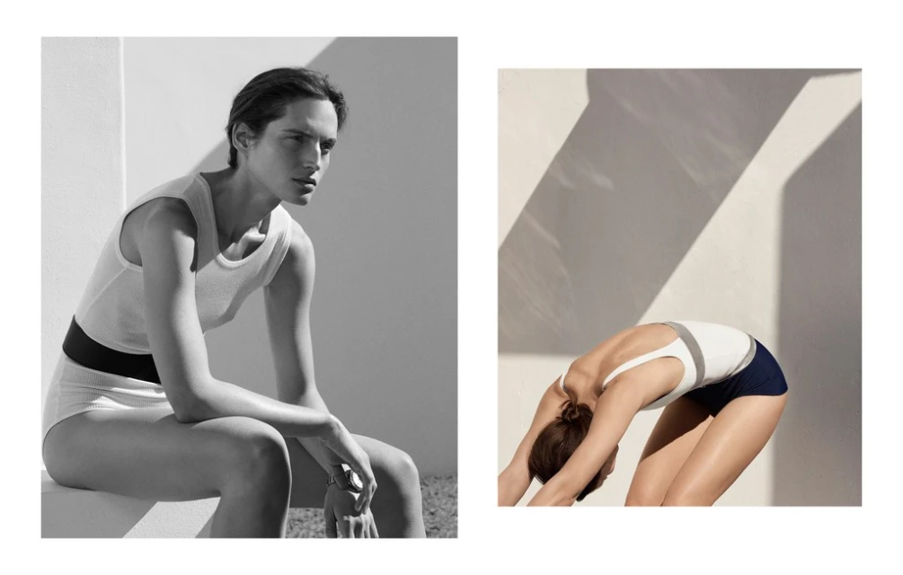 Black and white split image: one person sitting with hands together, another bending over in a white top and blue shorts.