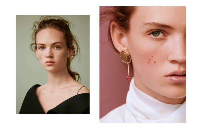 Diptych portrait of a woman wearing gold earrings and a black top against neutral backgrounds by Julia Noni