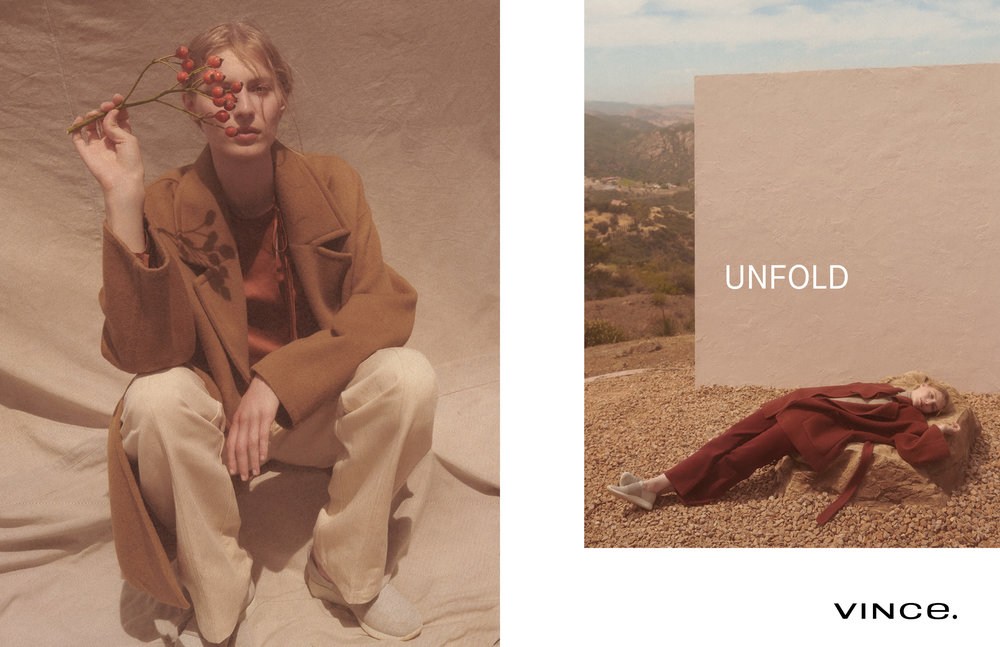 Two fashion shots featuring adult women in earthy-toned clothing, one holding red berries, against neutral and desert landscapes, promoting Vince brand.