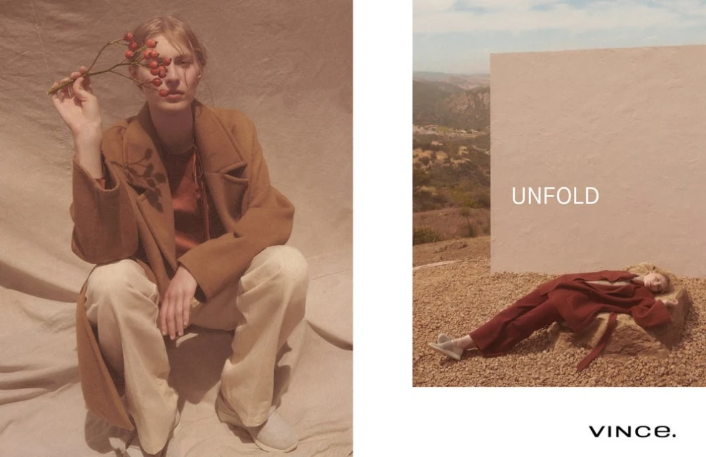 Two fashion shots featuring adult women in earthy-toned clothing, one holding red berries, against neutral and desert landscapes, promoting Vince brand.