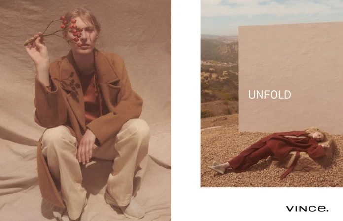 Two fashion shots featuring adult women in earthy-toned clothing, one holding red berries, against neutral and desert landscapes, promoting Vince brand.
