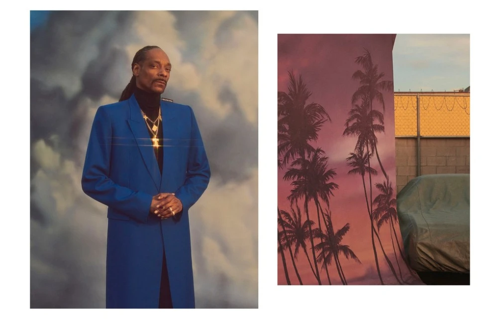 Snoop Dogg in a blue coat with gold jewelry poses against a cloudy background, while a collage shows palm trees and a fence.