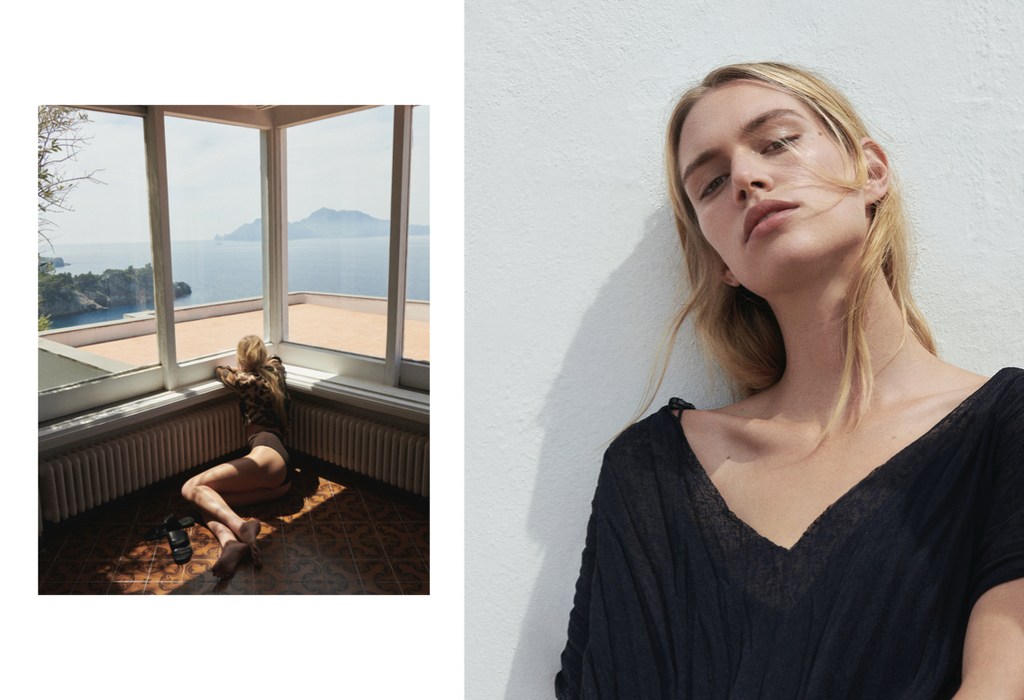 Diptyptique editorial image featuring a blonde woman in a black v-neck top against a white wall alongside an interior coastal view.