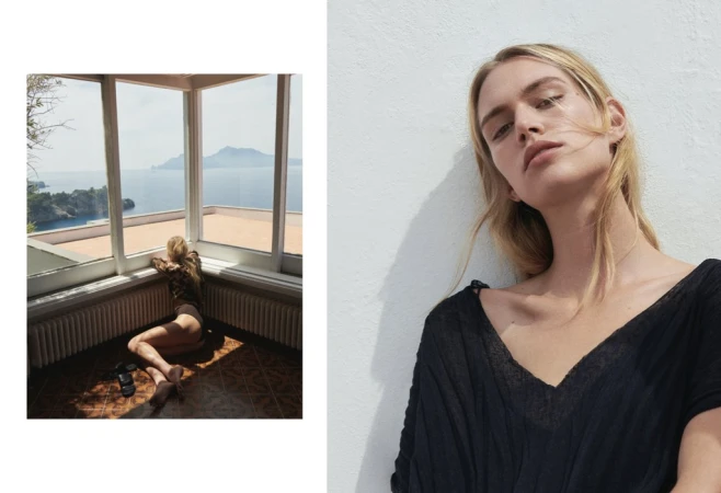 Diptyptique editorial image featuring a blonde woman in a black v-neck top against a white wall alongside an interior coastal view.