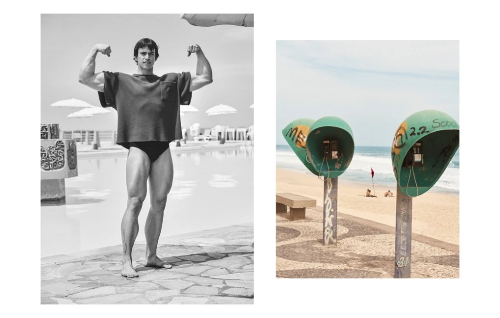 Black and white split image: a man flexing his biceps by a pool and three green payphones on a beach in Rio de Janeiro, Brazil.