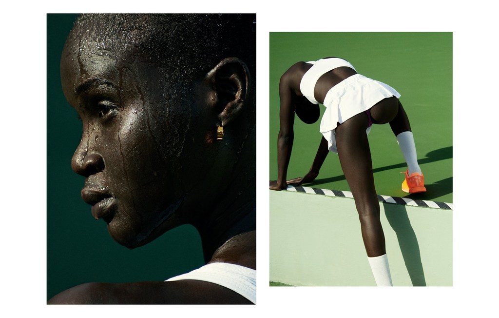 Close-up profile of a Black woman with a wet face, contrasted with a wide shot of a woman in sportswear on a tennis court.