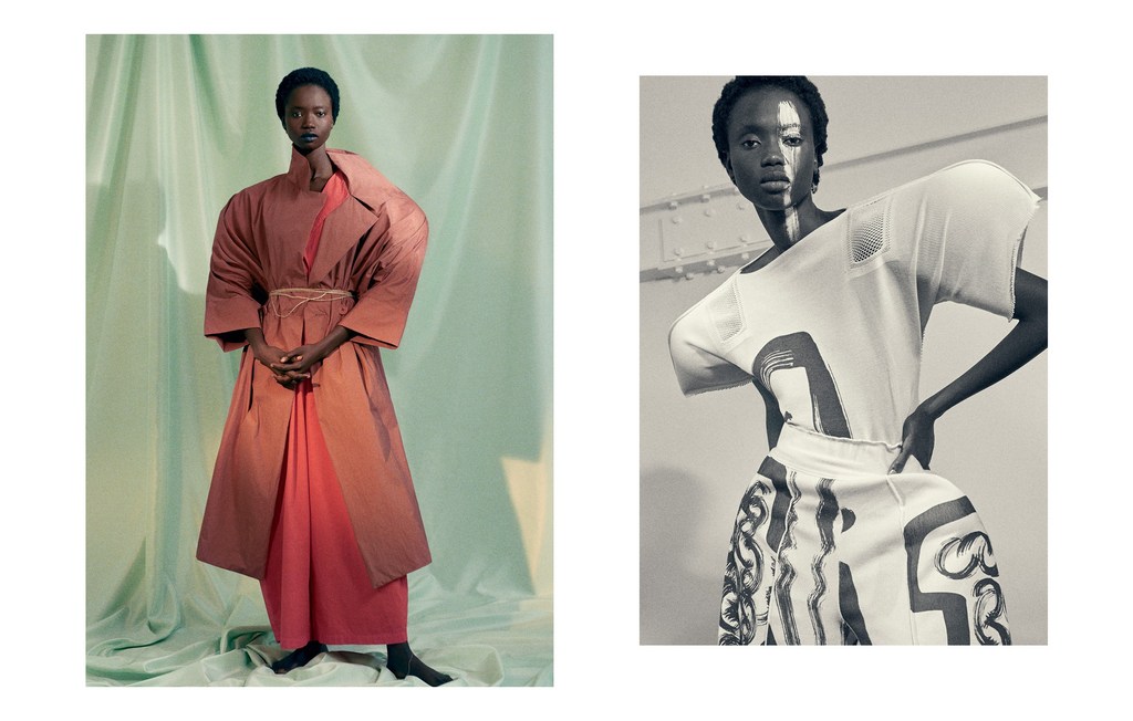 Fashion editorial shot of a Black woman in a pink robe against a green backdrop, and another image of a Black woman in a white top.