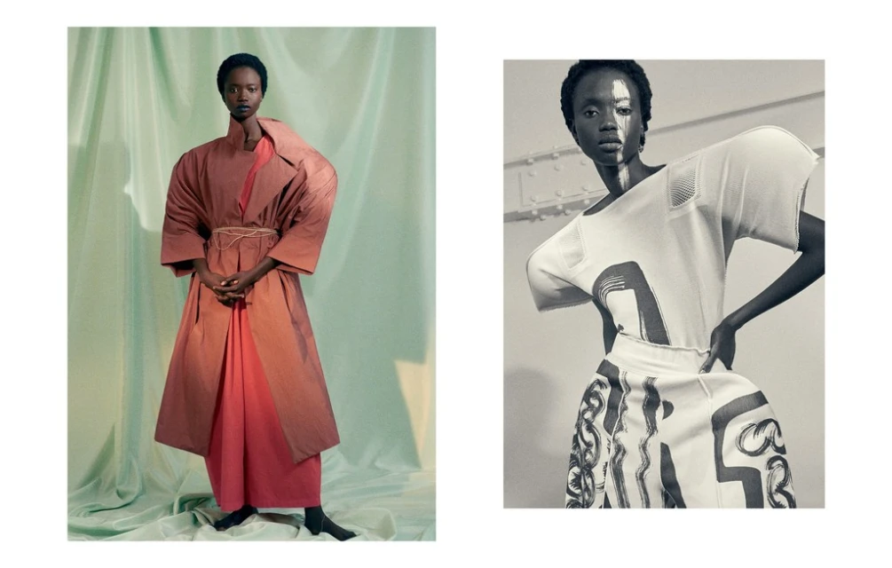 Fashion editorial shot of a Black woman in a pink robe against a green backdrop, and another image of a Black woman in a white top.
