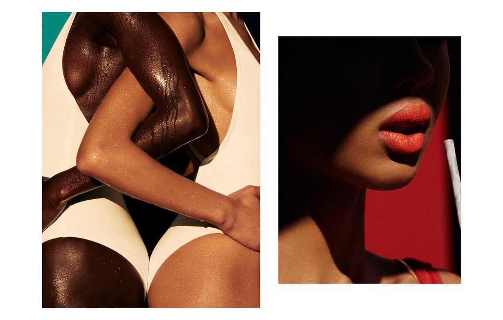 Close-up of two women in white swimwear, one with dark skin and wet skin, next to a face with bright red lips and dark lighting.