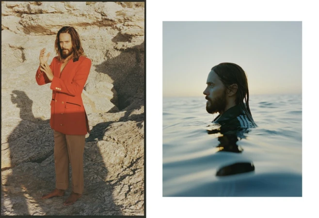 Diptych portrait of Jared Leto with long hair and beard standing on rocky coast in red jacket and submerged in ocean at sunset
