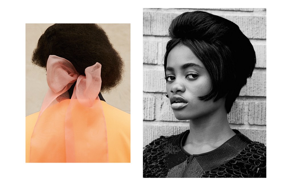 Black and white close-up of a stylish Black woman with short dark hair and bold lipstick, and a view of a hairstyle with a ribbon bow.