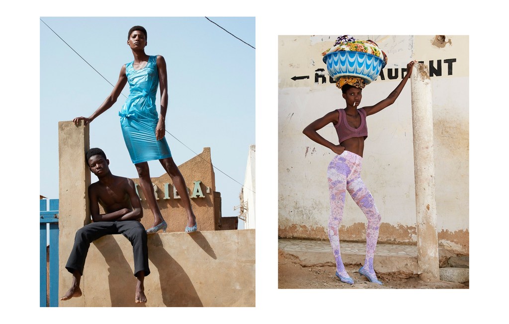 Two women and one man pose outside on a sunny day in a fashion editorial spread with blue skies and neutral tones.
