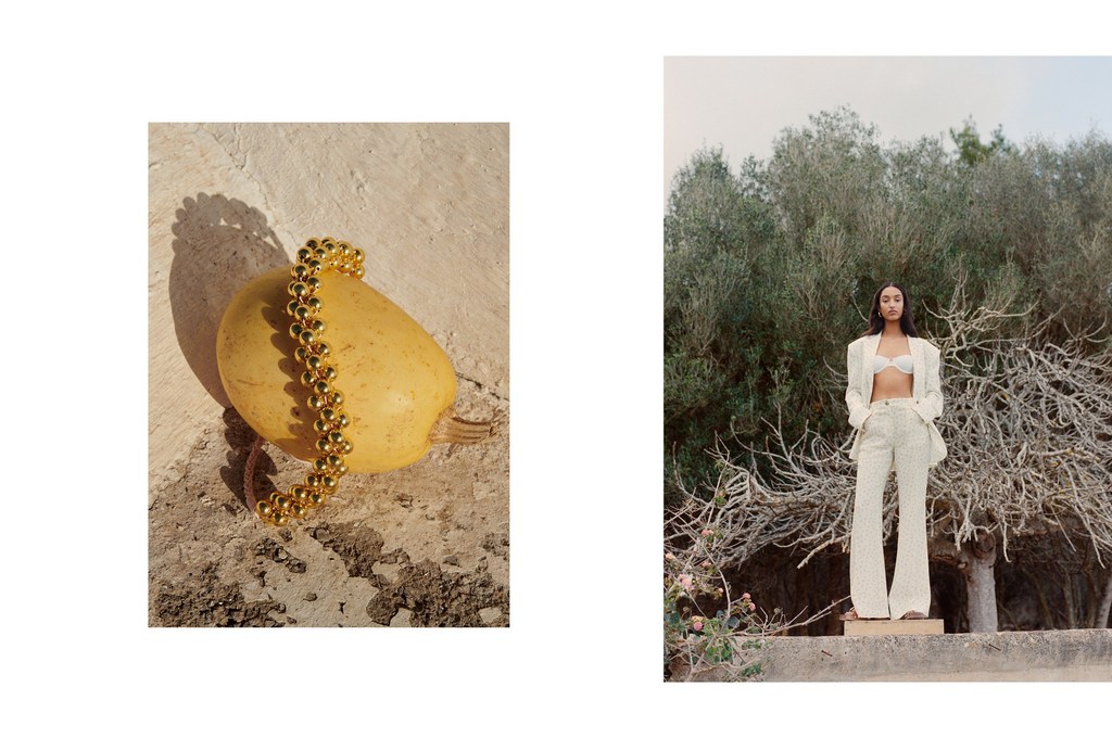 A golden beaded bracelet rests on a gourd, and a woman in a white suit poses outdoors surrounded by trees in a split composition.