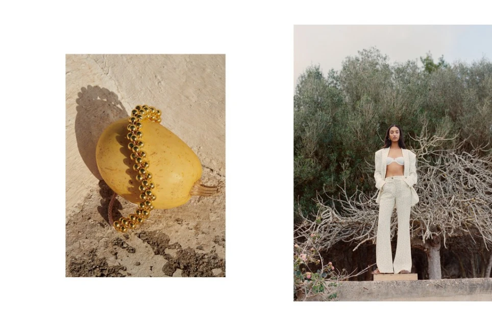 A golden beaded bracelet rests on a gourd, and a woman in a white suit poses outdoors surrounded by trees in a split composition.
