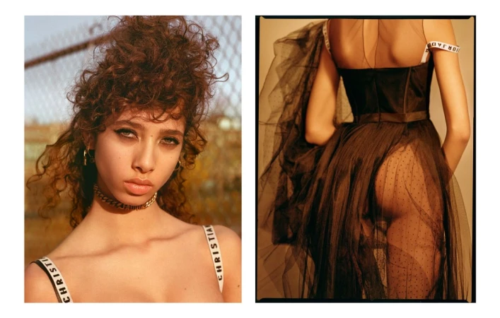 Diptych fashion portrait featuring a curly-haired woman in a black tulle dress and branded straps by photographer Julia Noni.