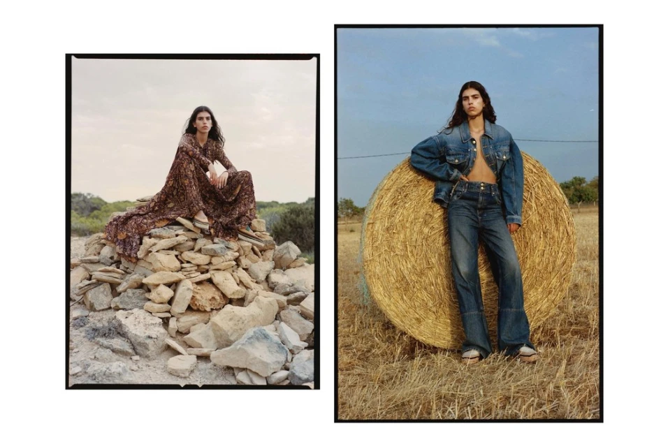 Two outdoor fashion shots: a woman in a long dress sits on rocks, and another in denim stands by a hay bale under a blue sky.