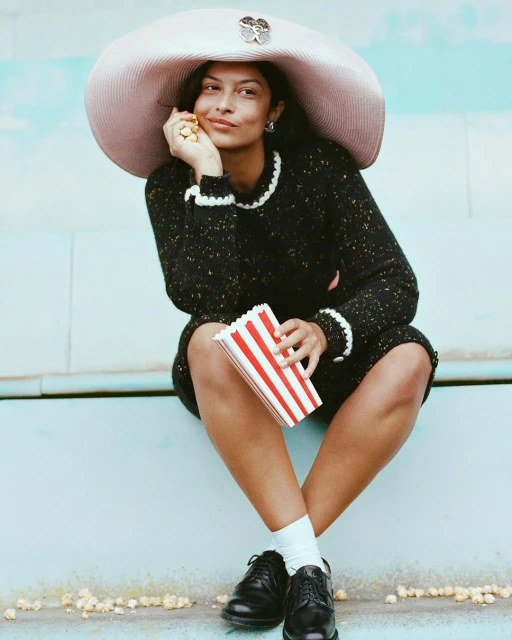Woman in black dress and oversized hat sits outdoors holding popcorn, creating a whimsical and fashionable portrait with a playful touch.