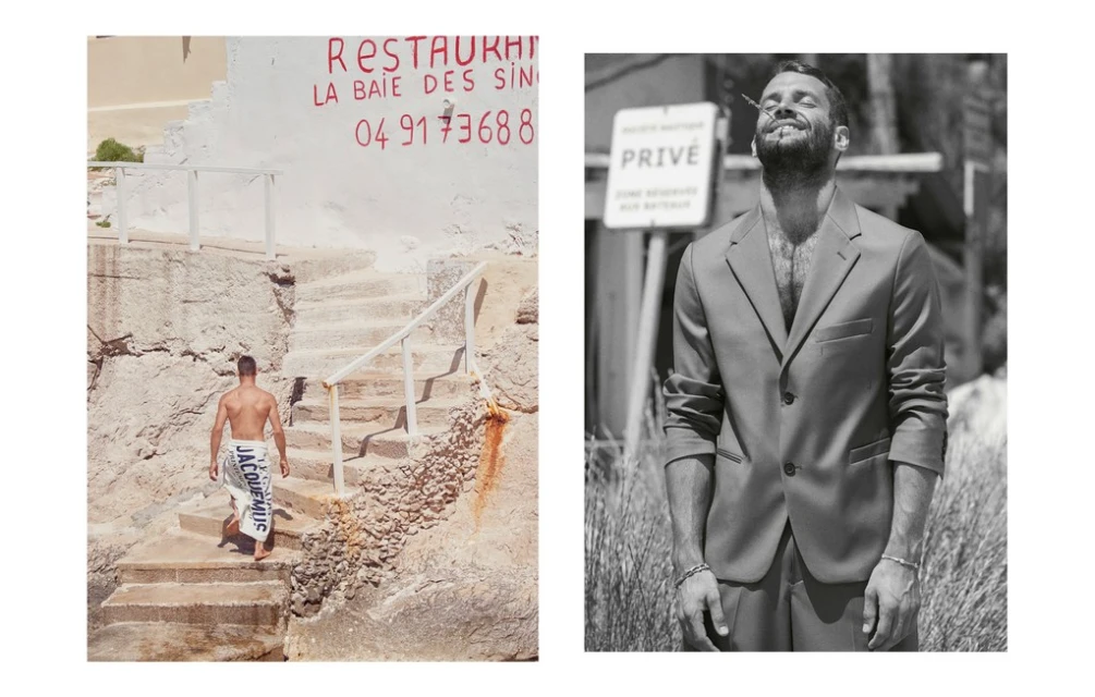 Two-part fashion editorial shows a shirtless man on stone steps in daylight; another man in a suit in black and white, eyes closed.