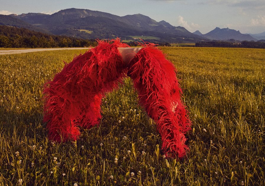 Fashionable red ostrich feather pants on a person standing in a grassy field with mountains in the background during daytime.