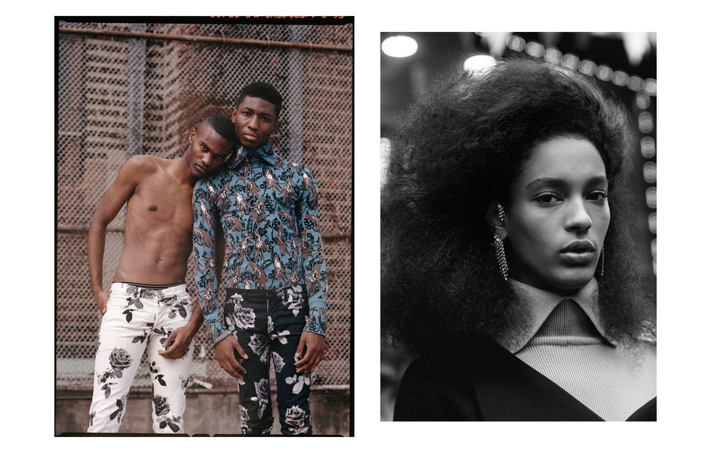 Black and white split image featuring two men in patterned shirts and trousers, and a woman with an afro wearing an elegant top and earrings.