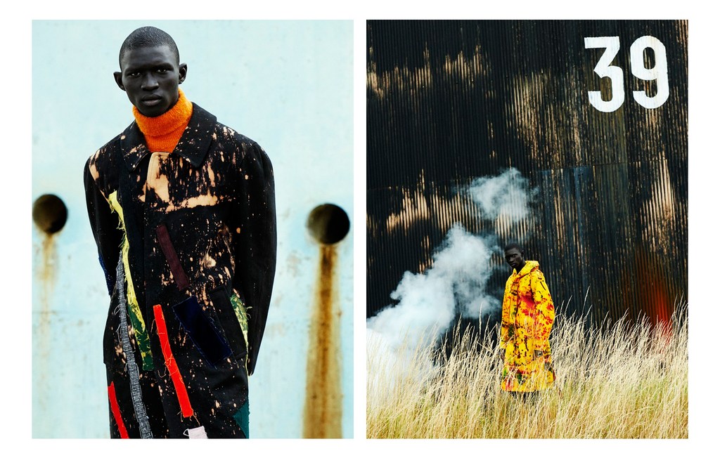 Two-panel fashion editorial image by photographer Julia Noni featuring a black man in distinctive outerwear