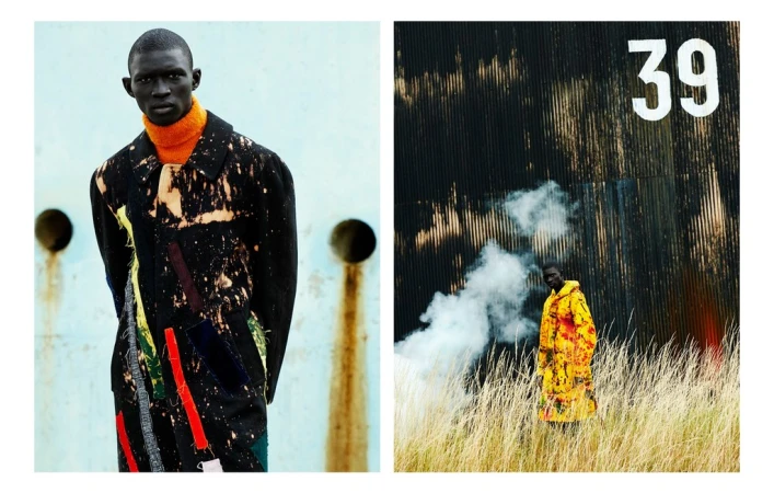 Two-panel fashion editorial image by photographer Julia Noni featuring a black man in distinctive outerwear