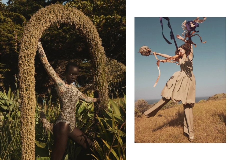 Fashion editorial featuring two women outdoors. One poses in an archway of greenery. The other holds ribbons and is on dry land.