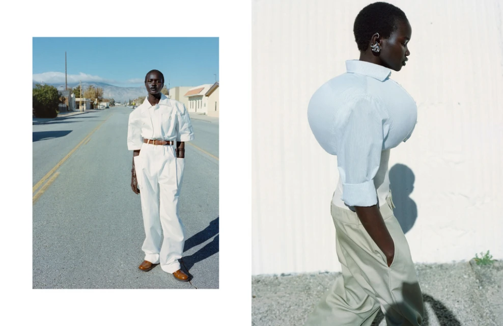 Fashion photography featuring an African female model in a white jumpsuit on a rural road, and a model in a white sculpted shirt.
