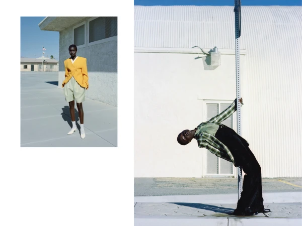 Diptych of a black woman wearing a yellow jacket and white shoes, and posing arching backward against a metal pole outdoors in daylight.