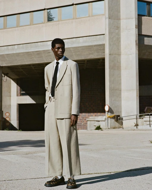 A lone male model stands outdoors in a beige suit with wide-legged pants, a black tie, and patterned shoes, posing against a concrete building.