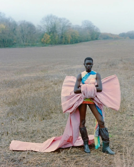 A striking fashion shot features a Black woman in a pale pink bow dress and boots, standing in a field with trees in the background.