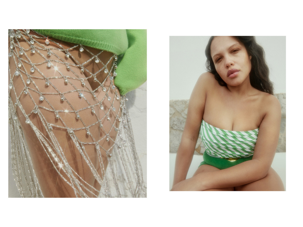 Two images: One shows a person's legs wearing a silver fringe skirt, and the other shows a woman in a striped top and green shorts.