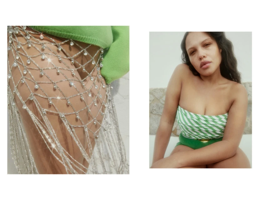 Two images: One shows a person's legs wearing a silver fringe skirt, and the other shows a woman in a striped top and green shorts.
