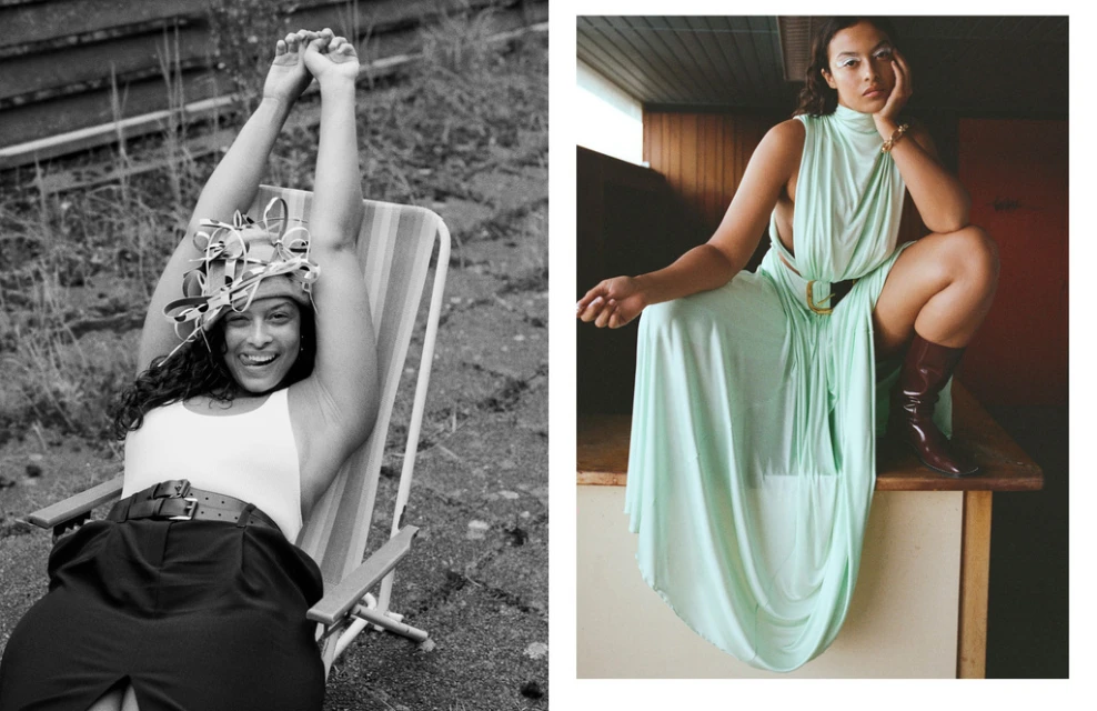 Two women in contrasting scenes: one in black and white relaxing outdoors, the other in color, posing indoors in a light green dress.