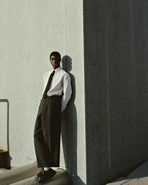 An African American man with a tie and suspenders poses in front of a concrete wall in a studio setting with shadows.