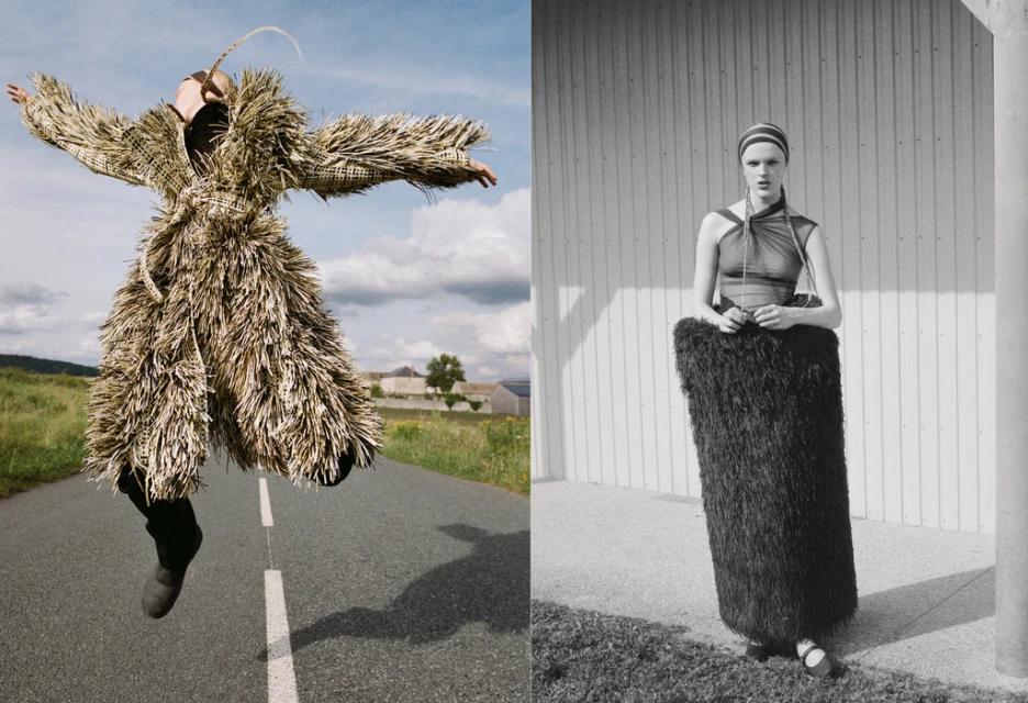 Two fashion photos: woman in a raffia coat jumps on a road in the countryside; another wears a skirt made of similar raffia material.