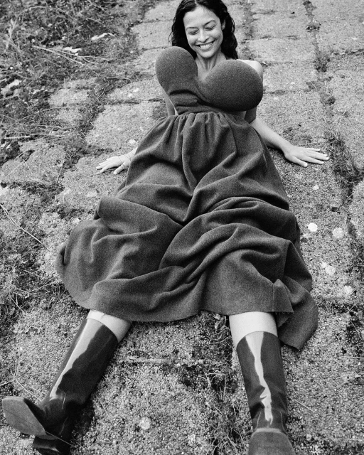 Woman in a voluminous dark dress with statement bust detail and tall boots lies on a weathered stone surface with grassy edges.