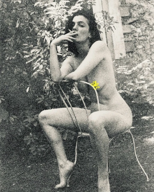 Monochrome portrait of a nude woman smoking, sitting on a metal chair outdoors with foliage in the background, creating a vintage aesthetic.