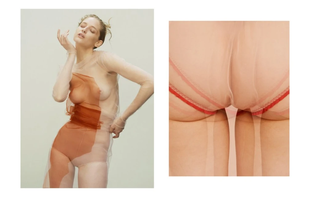 A blonde adult female poses in a sheer dress, with a close-up inset image of a person wearing red underwear on a white background.